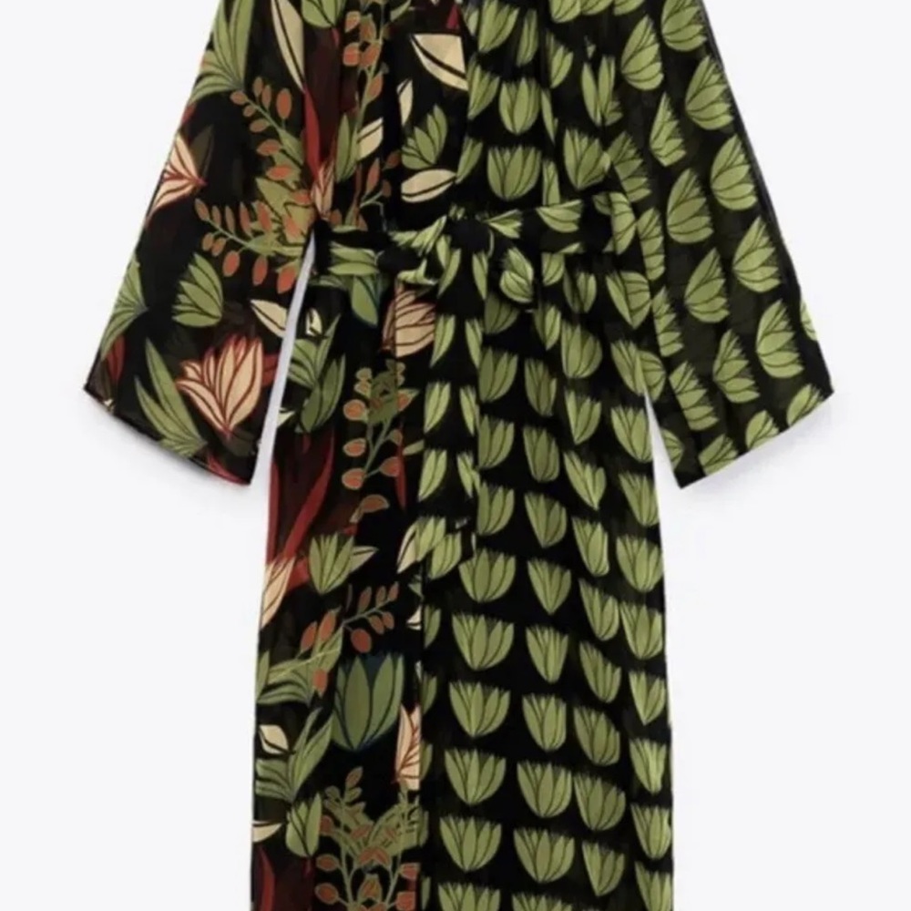 Zara Woman Long Loose-Fitting Shirt Dress With Belt Green - Picture 5 of 5